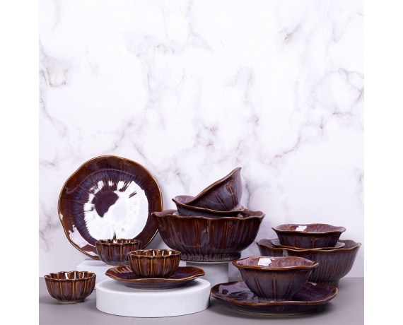 Bộ bàn ăn 6 người sen nâu trầm 